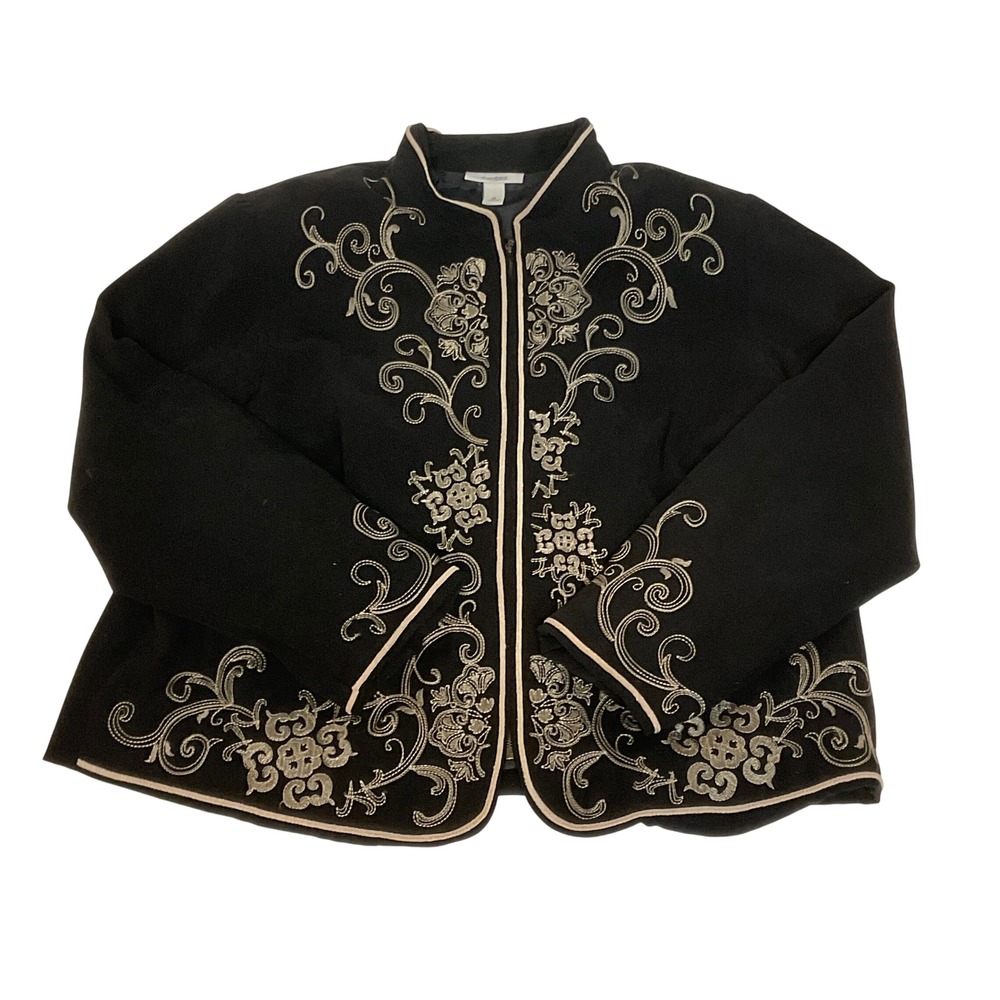 Vintage women's DRESSBARN embroidered jacket blazer zip black granny floral 2X